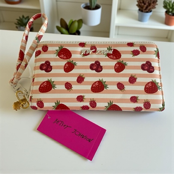 Betsey Johnson Red Strawberry Stripe Wristlet - Picture 1 of 7